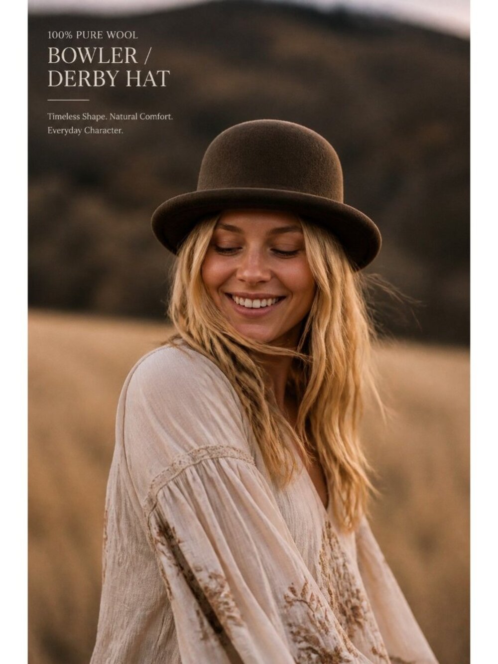 100% Pure Wool Olive Grn Bowler Hat Timeless Design, Steampunk, Modern, Bohemian - Picture 4 of 15